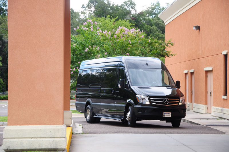 A black Mercedes van parked outside a building.